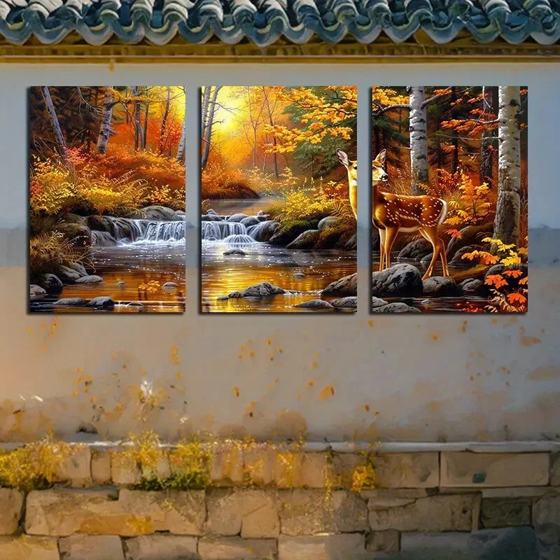 3pcs Autumn Forest Deer Stream Scene Metal Print Ready to Hang Art - Bella Home Decor