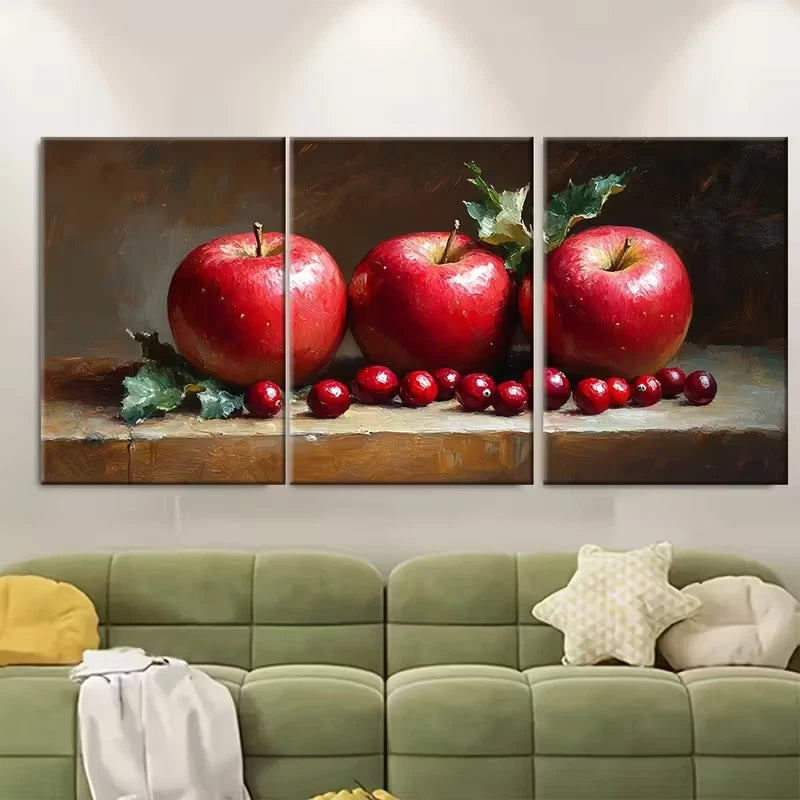 3pcs Still Life Red Apple and Cranberries Metal Print Ready to Hang Art