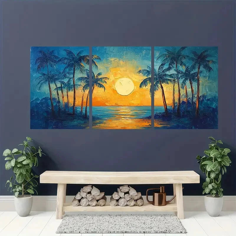 3pcs Palm Trees Sunset Scene Impasto Style Metal Print Ready to Hang Art - Bella Home Decor