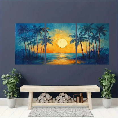 3pcs Palm Trees Sunset Scene Impasto Style Metal Print Ready to Hang Art - Bella Home Decor