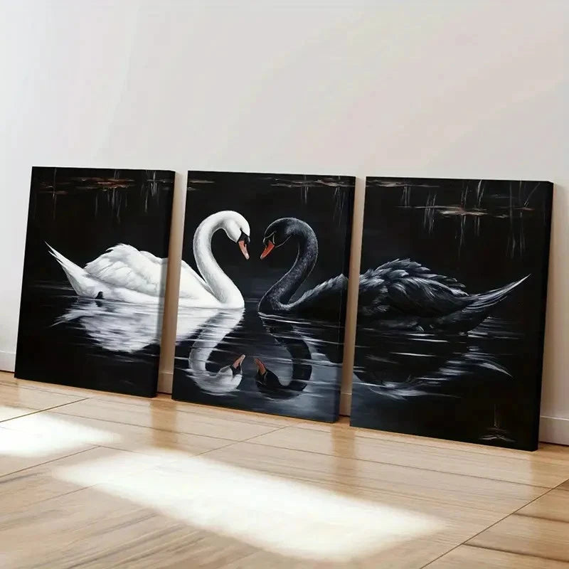 3pcs Black And White Swan, Reflections Painting Wall Art Set Canvas Framed 60x90cm - High Quality Print 100% Australian Made Wall Canvas Ready to Hang - Bella Home Decor