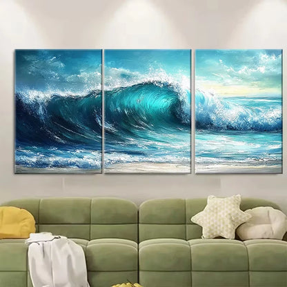 3pcs Turquoise Blue Seascape Wave Metal Print Ready to Hang Art