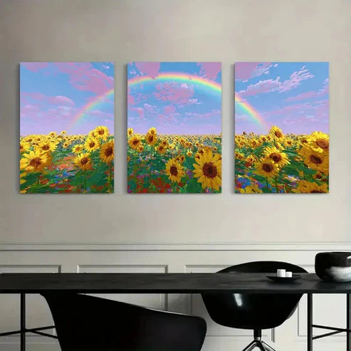 3pcs Blocky Colorful Design Sunflower Field Wall Art Set Canvas Unframed - High Quality Print 100% Australian Made Wall Canvas - Bella Home Decor