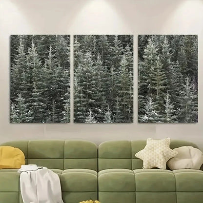 3pcs Snowy Winter Scene with Fir Trees Metal Print Ready to Hang Art