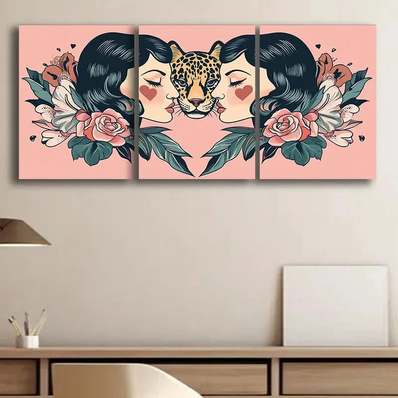 3pcs Leopard and Floral Pattern Wall Art Set Canvas Framed 40x60cm - High Quality Print 100% Australian Made Wall Canvas Ready to Hang