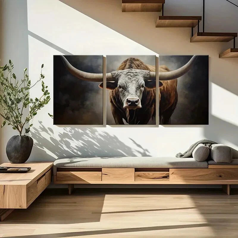3pcs Rustic Longhorn Bull Farmhouse Style Metal Print Ready to Hang Art - Bella Home Decor