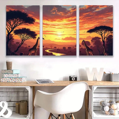3pcs African Savannah Sunset Giraffe Wildlife \ Wall Art Set Canvas Framed 60x90cm - High Quality Print 100% Australian Made Wall Canvas Ready to Hang - Bella Home Decor