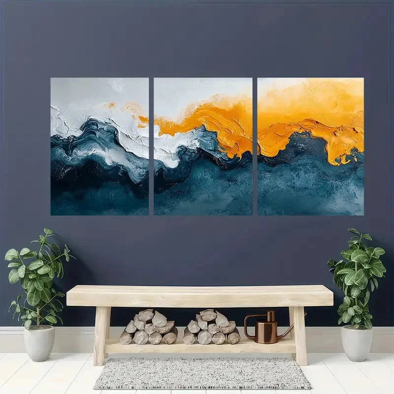 3pcs Abstract Art Giclee Print Teal Blue Metal Print Ready to Hang Art - Bella Home Decor