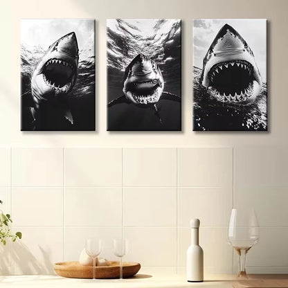 3pcs Great White Shark Illustration Wall Art Set Canvas Framed 60x90cm - High Quality Print 100% Australian Made Wall Canvas Ready to Hang