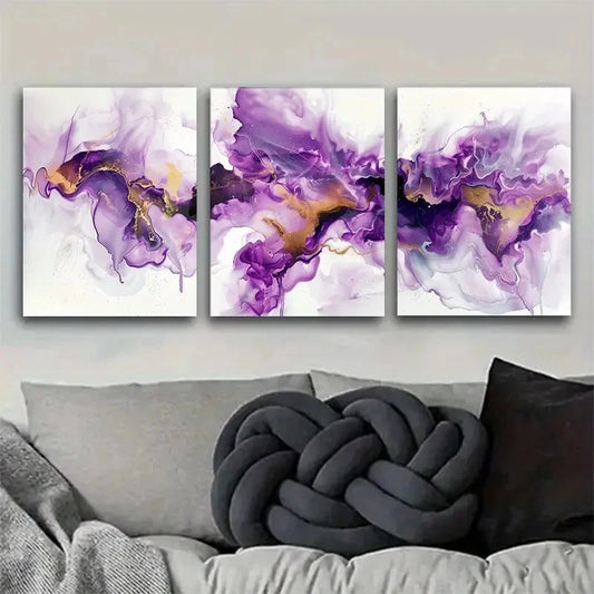 3pcs Purple And Golden Abstract Painting Metal Print Ready to Hang Art