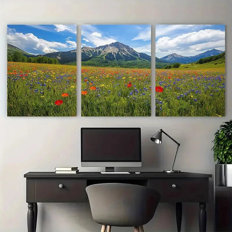 3pcs Crested Butte Wildflower with Mountain View Metal Print Ready to Hang Art - Bella Home Decor