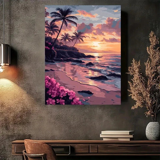 Beautiful Tropical Sunset Beach Modern Painting 40x60cm Metal Print Ready to Hang