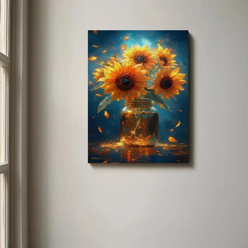 Beautiful Colorful Sunflower Jar Painting 40x60cm Metal Print Ready to Hang