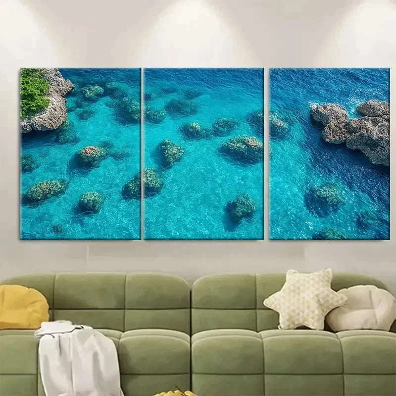 3pcs Seascape Clear Shallow Blue Ocean S  Wall Art Set Canvas Framed 60x90cm - High Quality Print 100% Australian Made Wall Canvas Ready to Hang