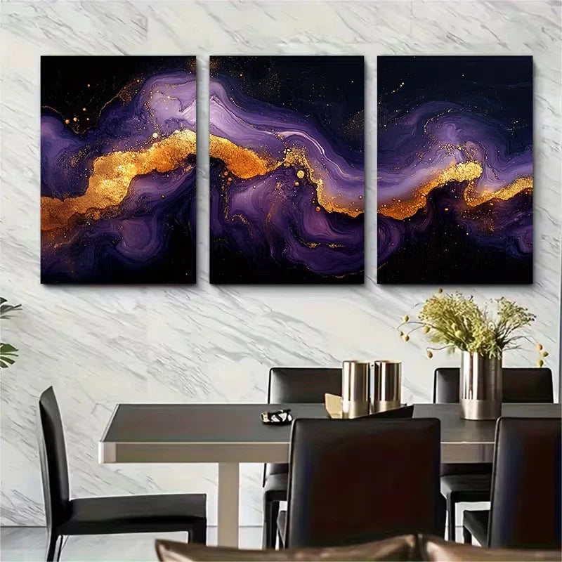 3pcs Luxurious Violet and Golden Marble Metal Print Ready to Hang Art - Bella Home Decor