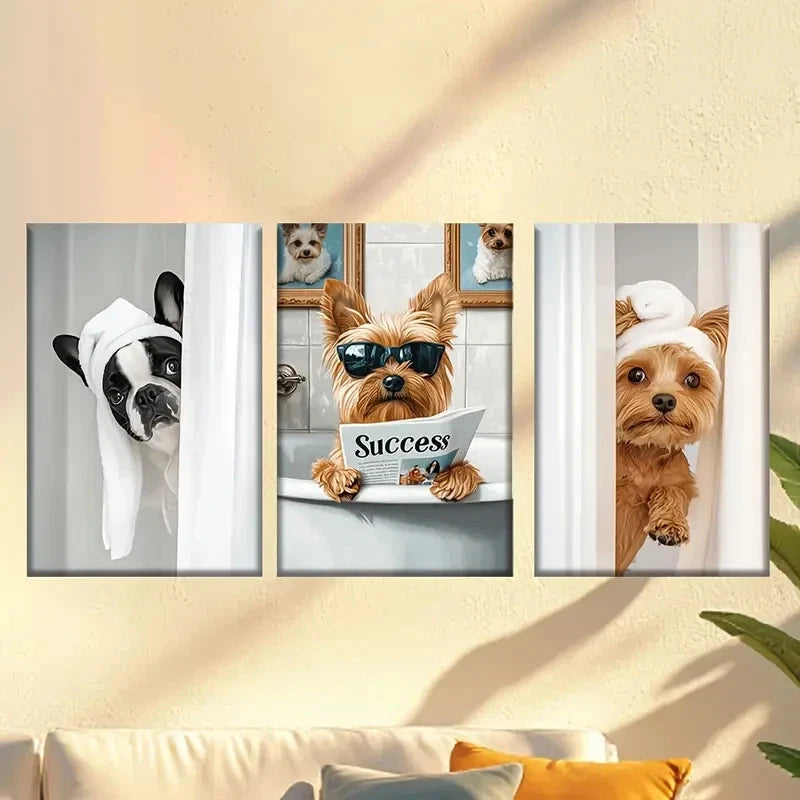 3pcs Cute bathroom french bulldog Wall Art Set Canvas Framed 60x90cm - High Quality Print 100% Australian Made Wall Canvas Ready to Hang - Bella Home Decor