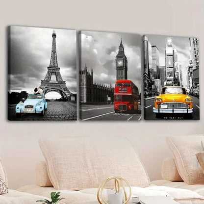 3pcs Eiffel Towers Big Ben & NYC Scenes Vintage Wall Art Set Canvas Unframed - High Quality Print 100% Australian Made Wall Canvas - Bella Home Decor