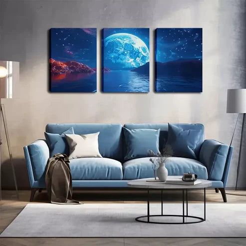 3pcs Large Moon On The Sea Level Wall Art Set Wall Art Canvas Unframed - High Quality Print 100% Australian Made Wall Canvas