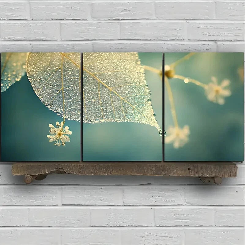 3pcs Leaves with Dewdrops Design Metal Print Ready to Hang Art - Bella Home Decor