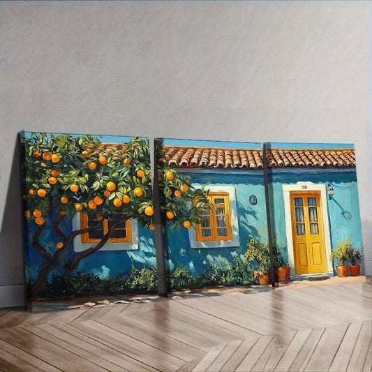 3pcs Orange Tree In Front Of A Blue House Wall Art Set Canvas Framed 50x70cm - High Quality Print 100% Australian Made Wall Canvas Ready to Hang