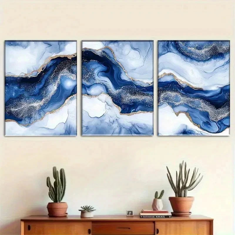 3pcs Blue and Golden Abstract Wave Metal Print Ready to Hang Art - Bella Home Decor