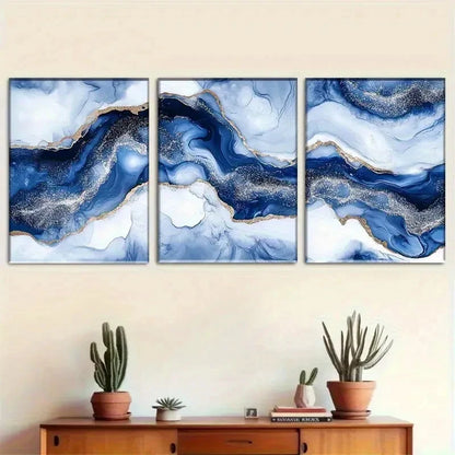 3pcs Blue and Golden Abstract Wave Metal Print Ready to Hang Art - Bella Home Decor