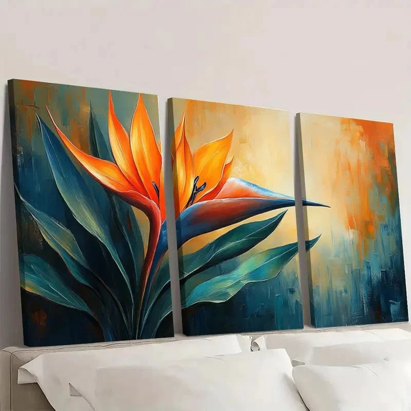 3pcs Bird of Paradise Plant Painting Orange PO    Wall Art Set Canvas Framed 40x60cm - High Quality Print 100% Australian Made Wall Canvas Ready to Hang - Bella Home Decor