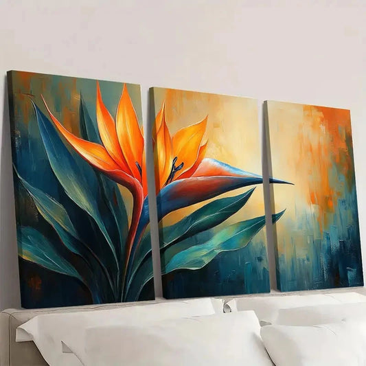 3pcs Bird of Paradise Plant Painting Orange PO Wall Art Set Canvas Framed 40x60cm - High Quality Print 100% Australian Made Wall Canvas Ready to Hang
