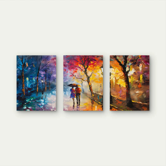 3pcs Romantic Stroll in Rain Painting Wall Art Set Canvas Framed 60x90cm - High Quality Print 100% Australian Made Wall Canvas Ready to Hang - Bella Home Decor