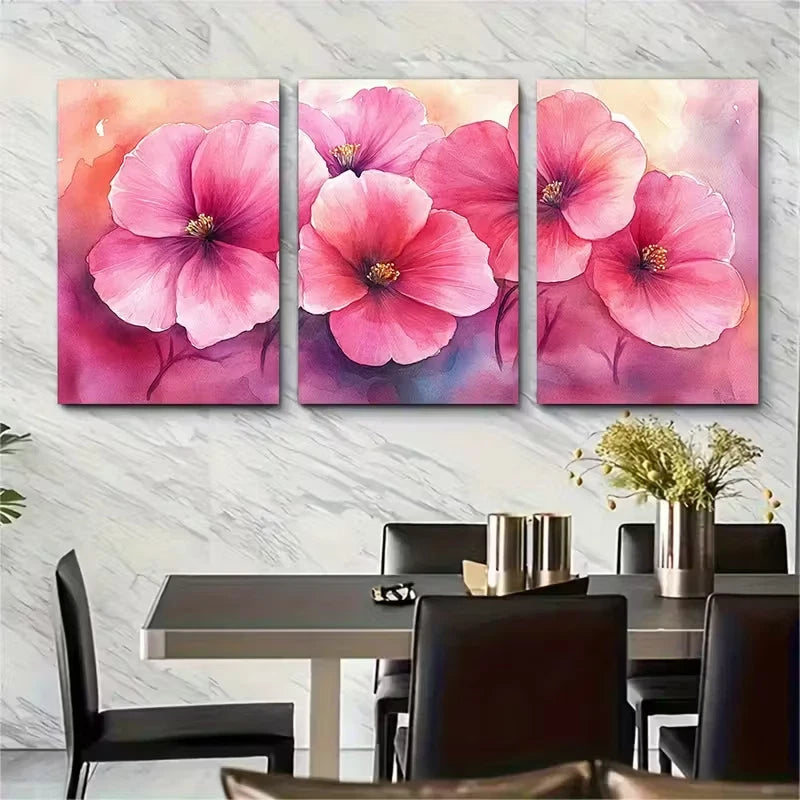 3pcs Delicate Pink Blooms with Golden Center Metal Print Ready to Hang Art - Bella Home Decor