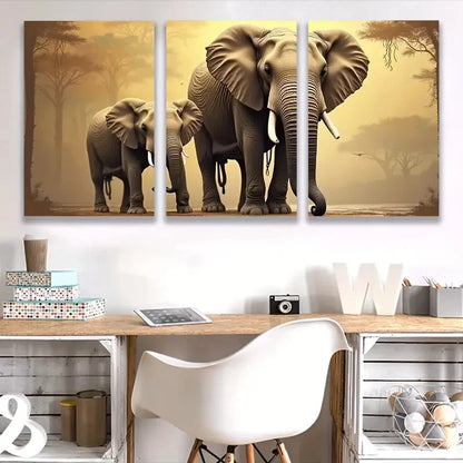 3pcs Majestic Elephant Family Walking Wall Art Set Canvas Framed 50x70cm - High Quality Print 100% Australian Made Wall Canvas Ready to Hang