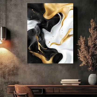Beautiful Abstract Black White Golden Painting 40x60cm Metal Print Ready to Hang