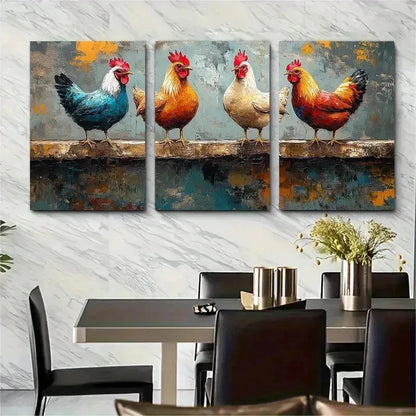 3pcs Vibrant Rooster Color Perfect Wall Art Set Canvas Framed 50x70cm - High Quality Print 100% Australian Made Wall Canvas Ready to Hang