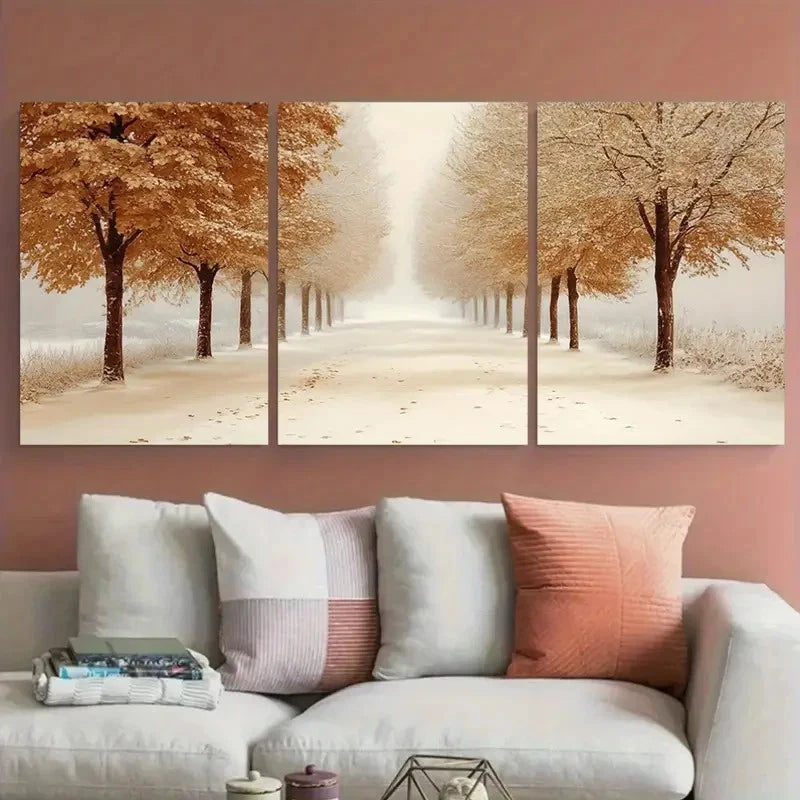 3pcs Sepia Toned Autumn Winter Trees Lining A Path Metal Print Ready to Hang Art