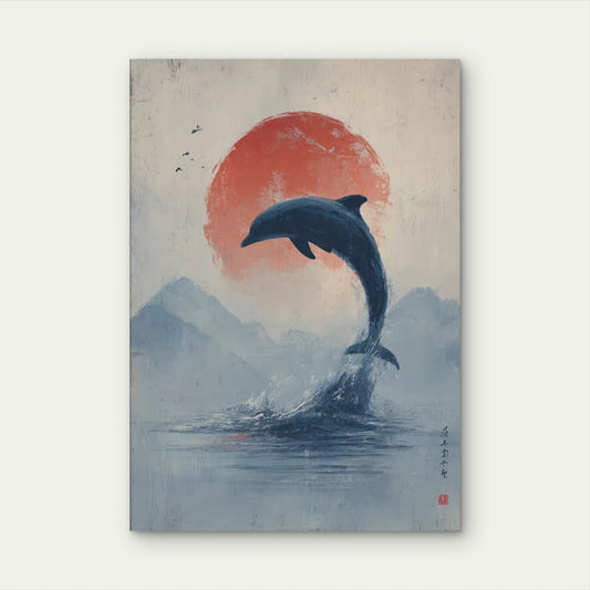 Leaping Dolphin Painting with Red Sun 60x90cm Metal Print Ready to Hang