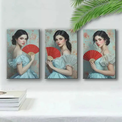 3pcs Elegant Girl with Red Fan  Art Canvas Unframed - High Quality Print 100% Australian Made Wall Canvas