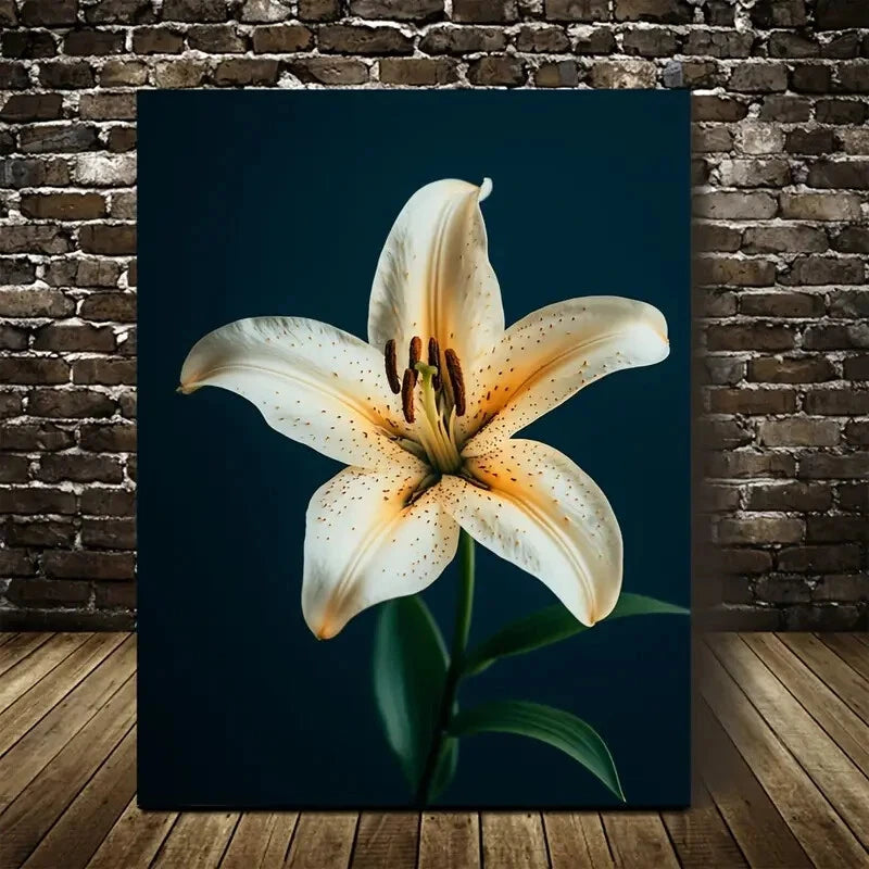 Stunning White Lily on Dark Blue Background Painting  40x60cm Metal Print Ready to Hang - Bella Home Decor