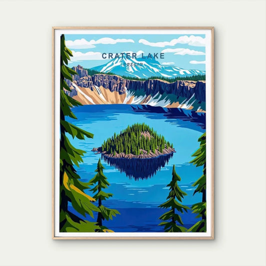 Crater Lake Vintage Landscape Mountain Travel Poster Print Wall Art