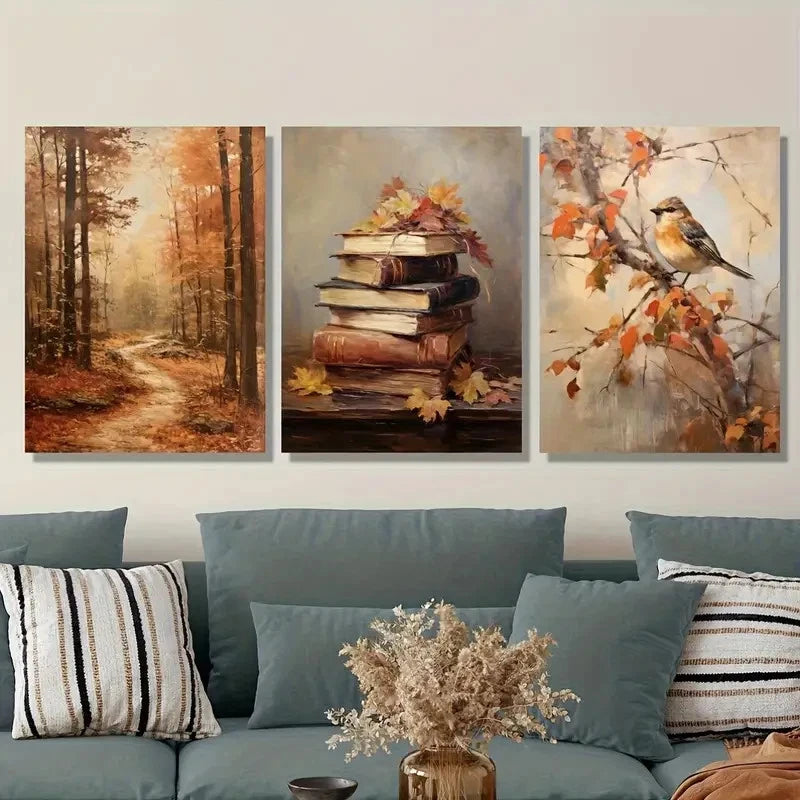 3pcs Vintage Autumn Scene with European Realism Metal Print Ready to Hang Art - Bella Home Decor