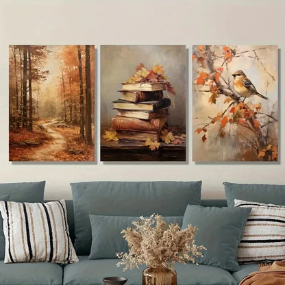 3pcs Vintage Autumn Scene with European Realism Metal Print Ready to Hang Art - Bella Home Decor