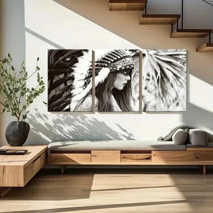 3pcs Native American Girl with Headdress Wall Art Set Canvas Unframed - High Quality Print 100% Australian Made Wall Canvas