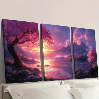 3pcs Pink Blossom Tree & Fantasy Landscape Wall Art Set Canvas Framed 50x70cm - High Quality Print 100% Australian Made Wall Canvas Ready to Hang