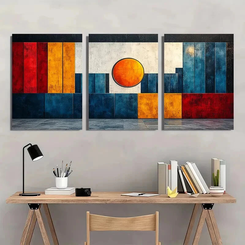 3pcs Blue White Orange & Red Geometric Designs Metal Print Ready to Hang Art - Bella Home Decor