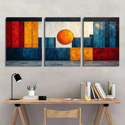 3pcs Blue White Orange & Red Geometric Designs Metal Print Ready to Hang Art - Bella Home Decor