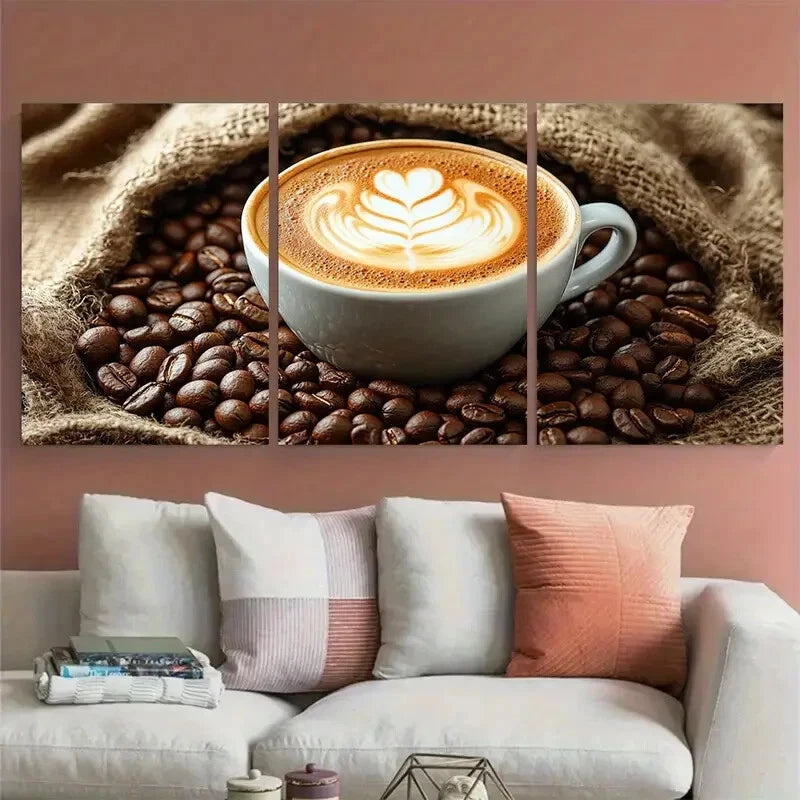 3pcs Latte on Coffee Sack Surrounded by Beans Metal Print Ready to Hang Art - Bella Home Decor