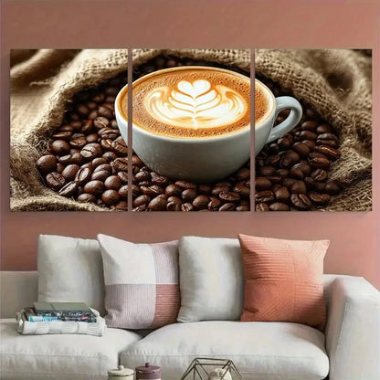 3pcs Latte on Coffee Sack Surrounded by Beans Metal Print Ready to Hang Art - Bella Home Decor