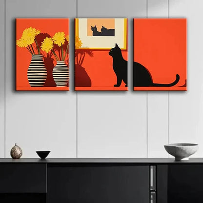 3pcs Black Cat and Yellow Daisy Modern Perfect Wall Art Set Canvas Unframed - High Quality Print 100% Australian Made Wall Canvas