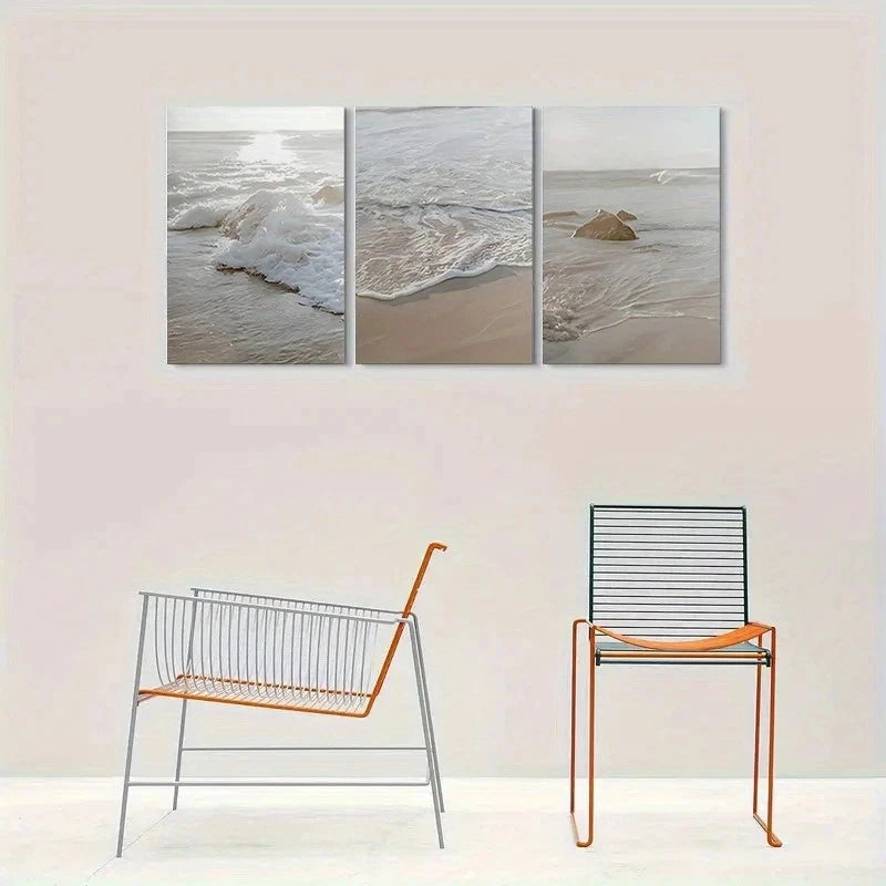 3pcs Coastal Ocean Scene with Sandy Shore & Wave Metal Print Ready to Hang Art - Bella Home Decor