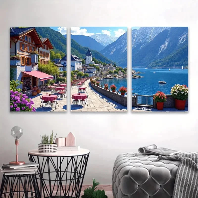 3pcs Coastal Town And Mountain Lake View Wall Art Set Canvas Framed 50x70cm - High Quality Print 100% Australian Made Wall Canvas Ready to Hang - Bella Home Decor