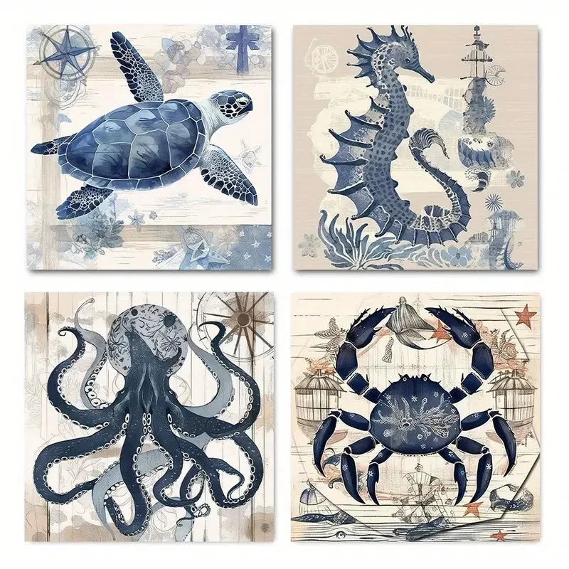 4pcs Octopus, Crab, Seahorse & Turtle, Blue & Wh Wall Art Canvas Framed